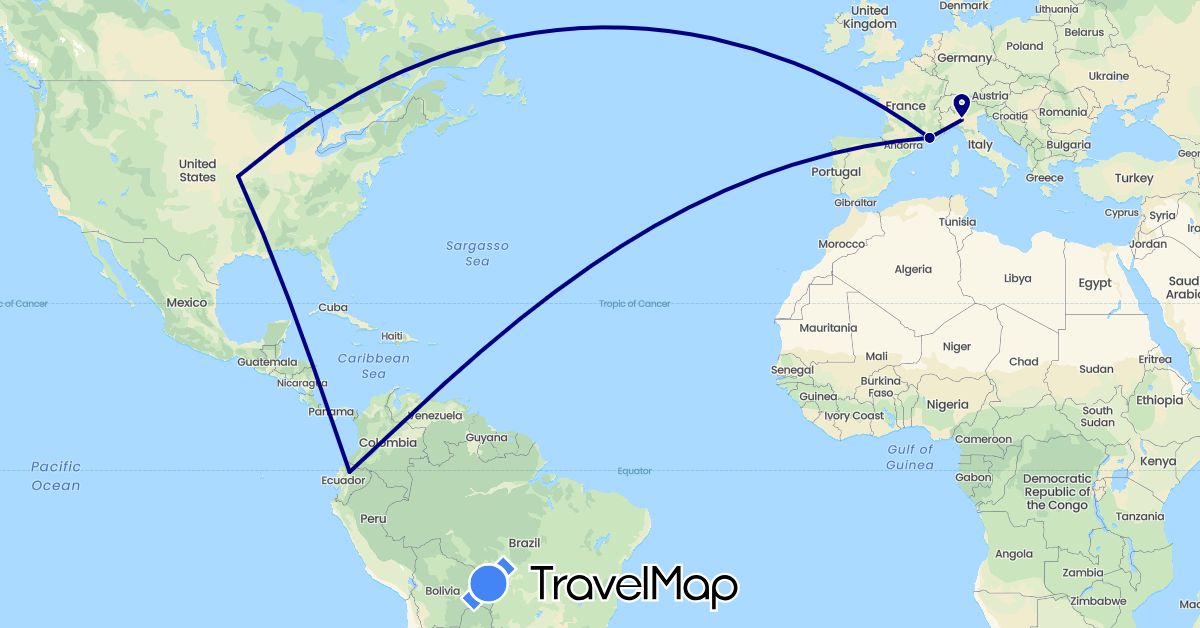 TravelMap itinerary: driving in Ecuador, France, Italy, United States (Europe, North America, South America)